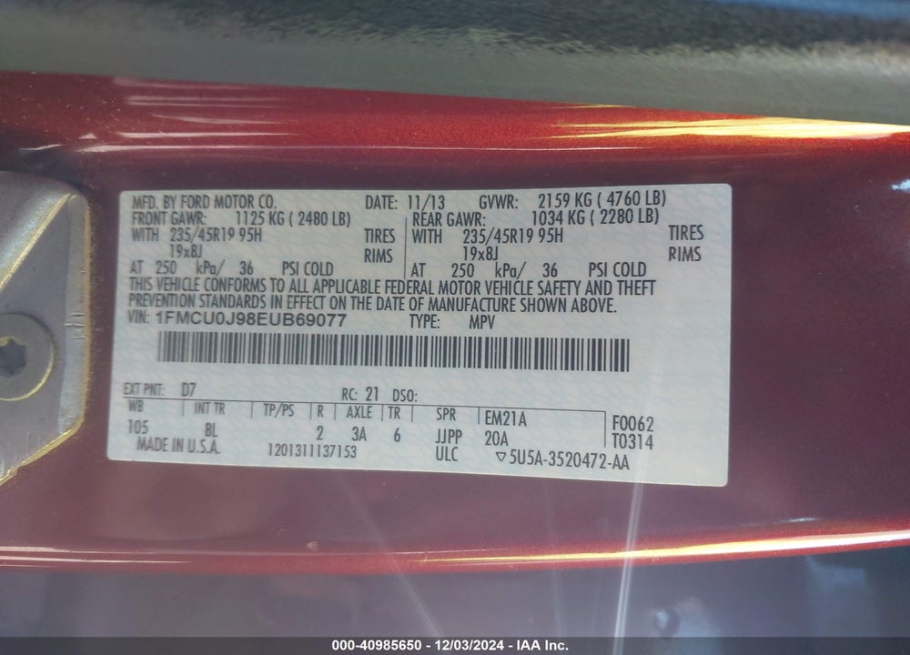 2014 FORD ESCAPE TITANIUM VIN: 1FMCU0J98EUB69077
