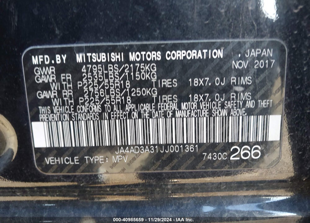 2018 MITSUBISHI OUTLANDER VIN: JA4AD3A31JJ001361