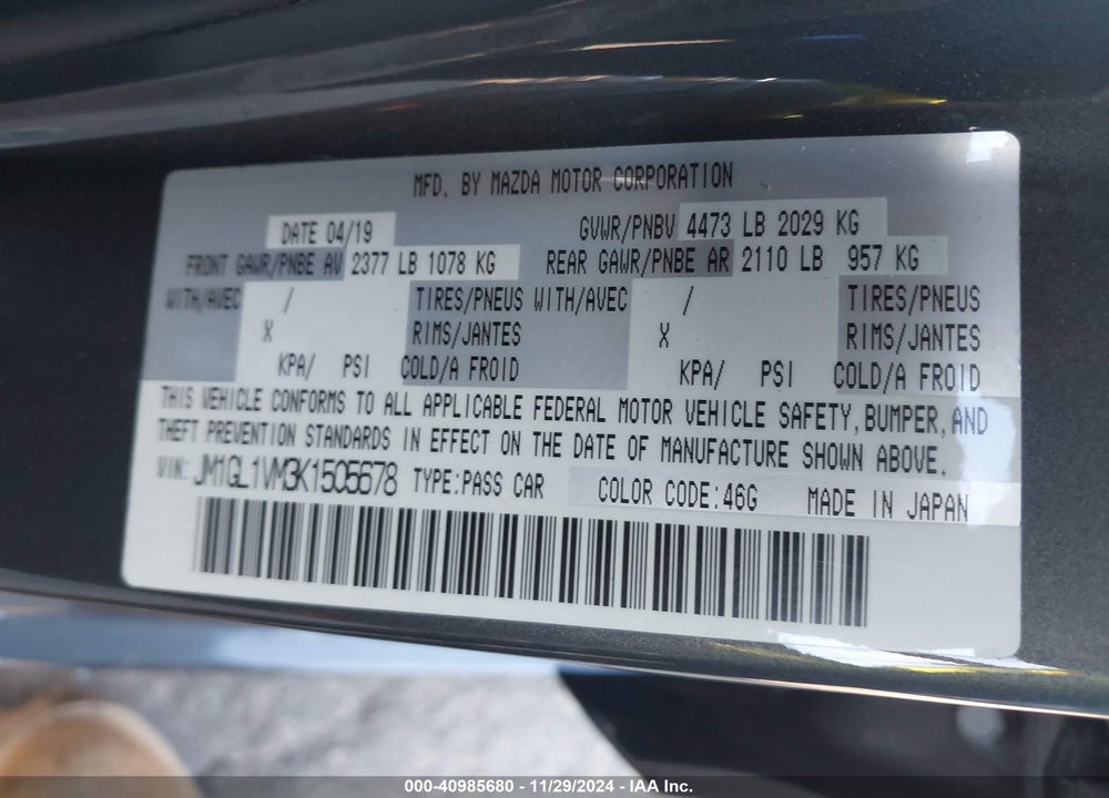 2019 MAZDA MAZDA6 VIN: JM1GL1VM3K1505678