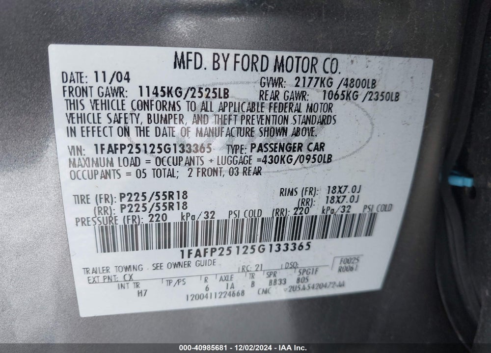 2005 FORD FIVE HUNDRED LIMITED VIN: 1FAFP25125G133365