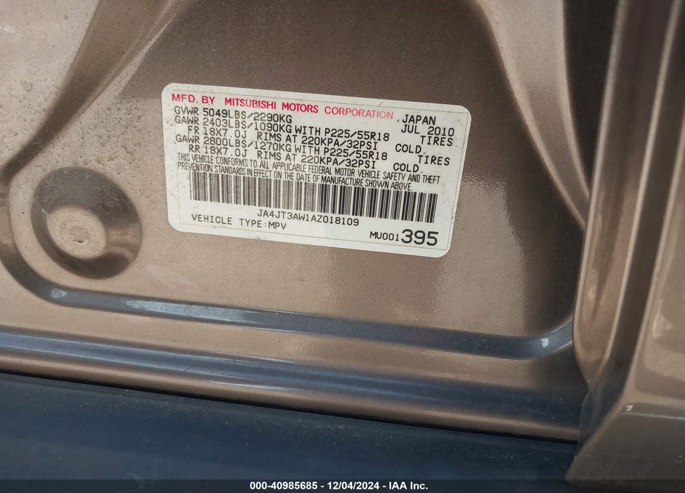 2010 MITSUBISHI OUTLANDER SE VIN: JA4JT3AW1AZ018109