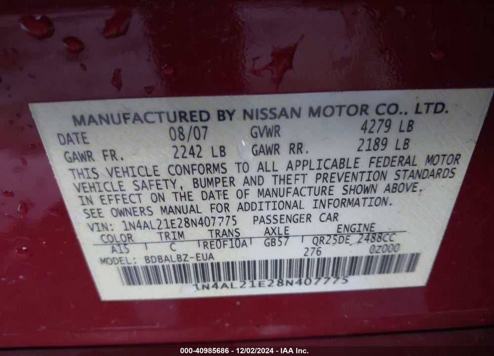 2008 NISSAN ALTIMA 2.5 S VIN: 1N4AL21E28N407775