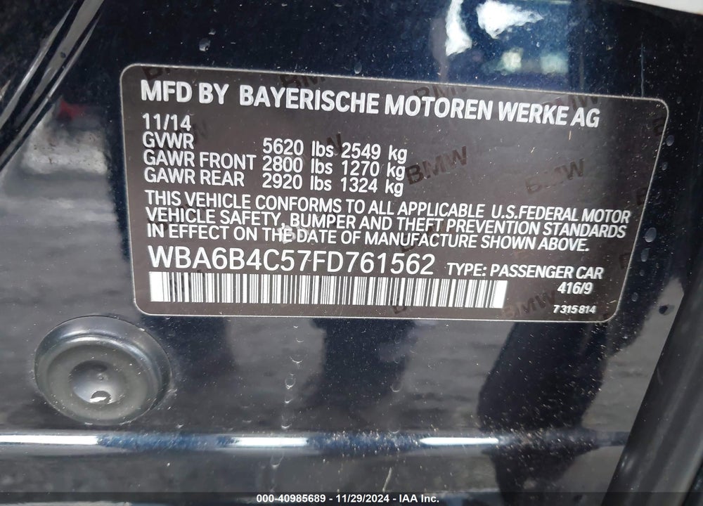 2015 BMW 650I GRAN COUPE VIN: WBA6B4C57FD761562