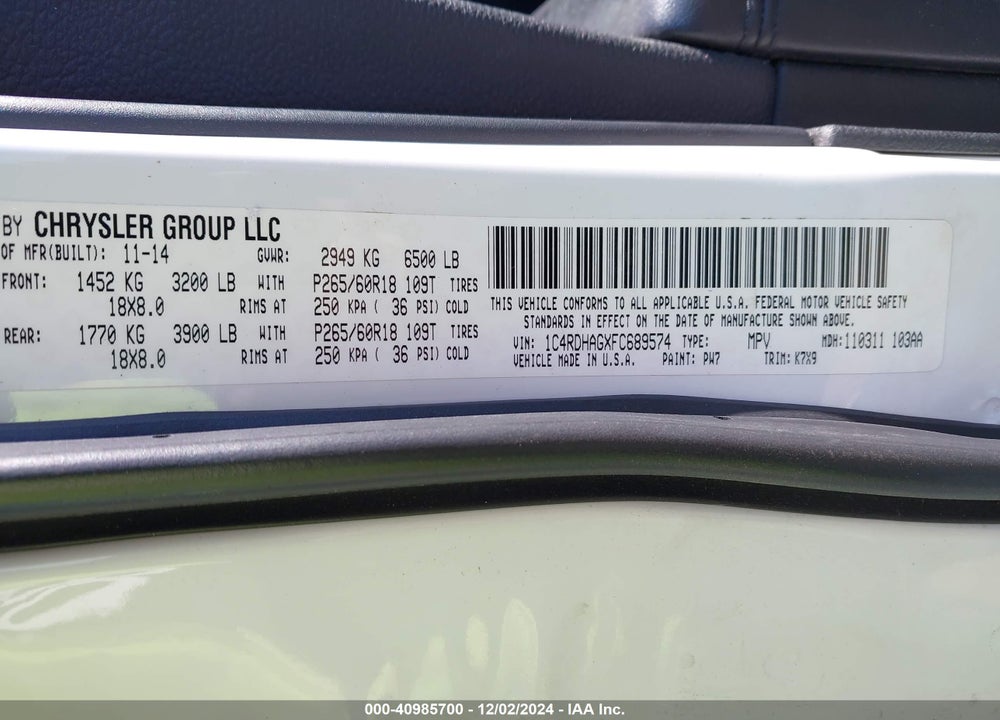 2015 DODGE DURANGO SXT VIN: 1C4RDHAGXFC689574