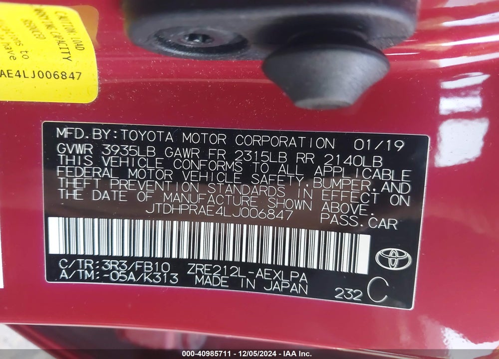 2020 TOYOTA COROLLA VIN: JTDHPRAE4LJ006847