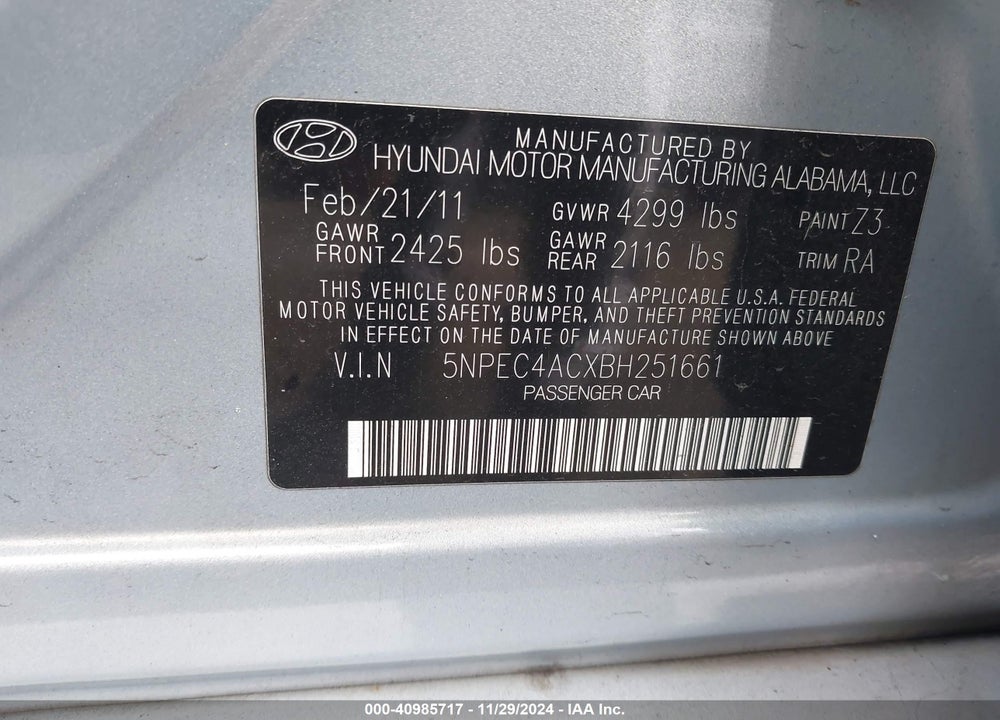 2011 HYUNDAI SONATA LIMITED VIN: 5NPEC4ACXBH251661