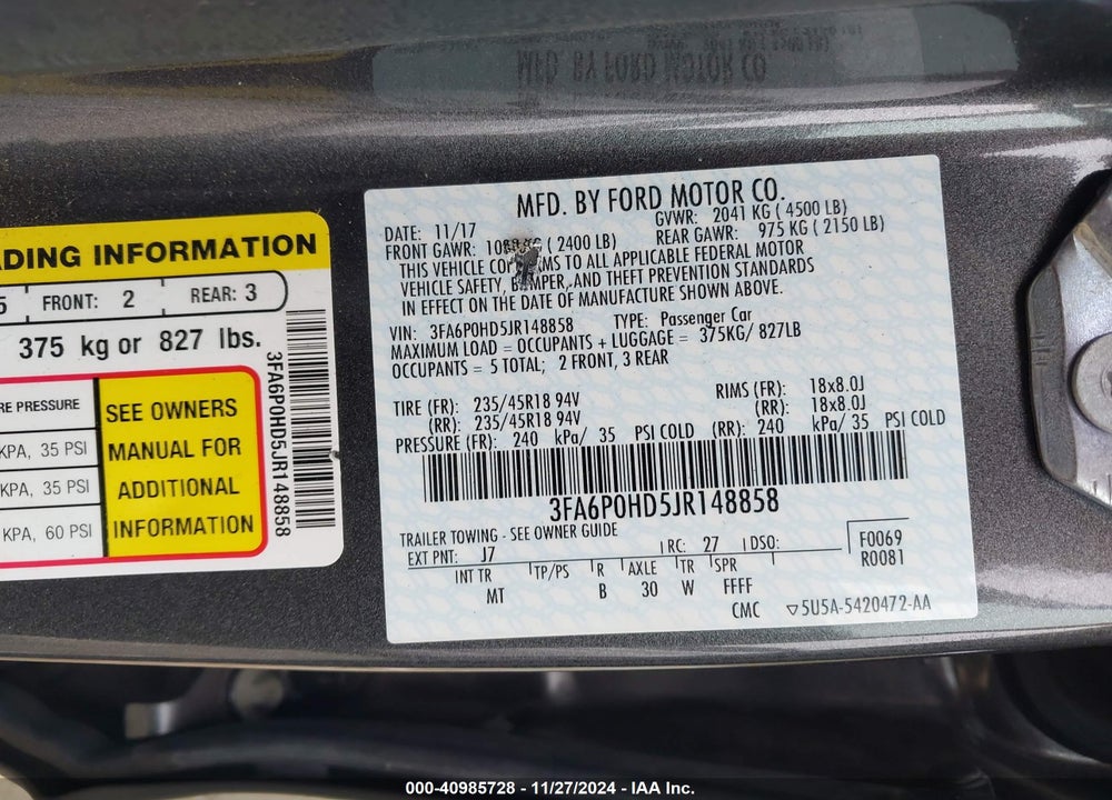 2018 FORD FUSION SE VIN: 3FA6P0HD5JR148858