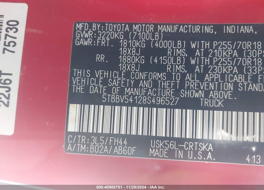 2008 TOYOTA TUNDRA BASE 5.7L V8 VIN: 5TBBV54128S496527