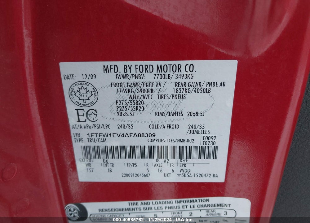 2010 FORD F150 VIN: 1FTFW1EV4AFA88309