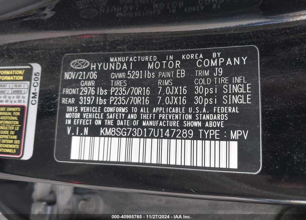2007 HYUNDAI SANTA FE GLS VIN: KM8SG73D17U147289