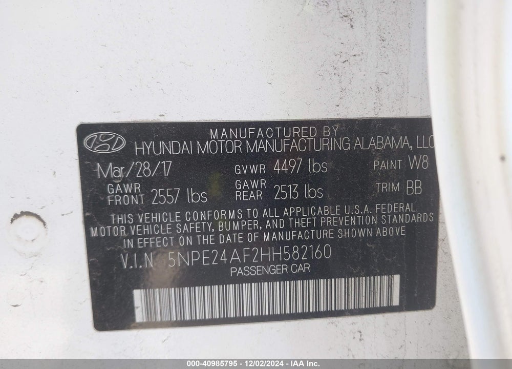 2017 HYUNDAI SONATA SE VIN: 5NPE24AF2HH582160