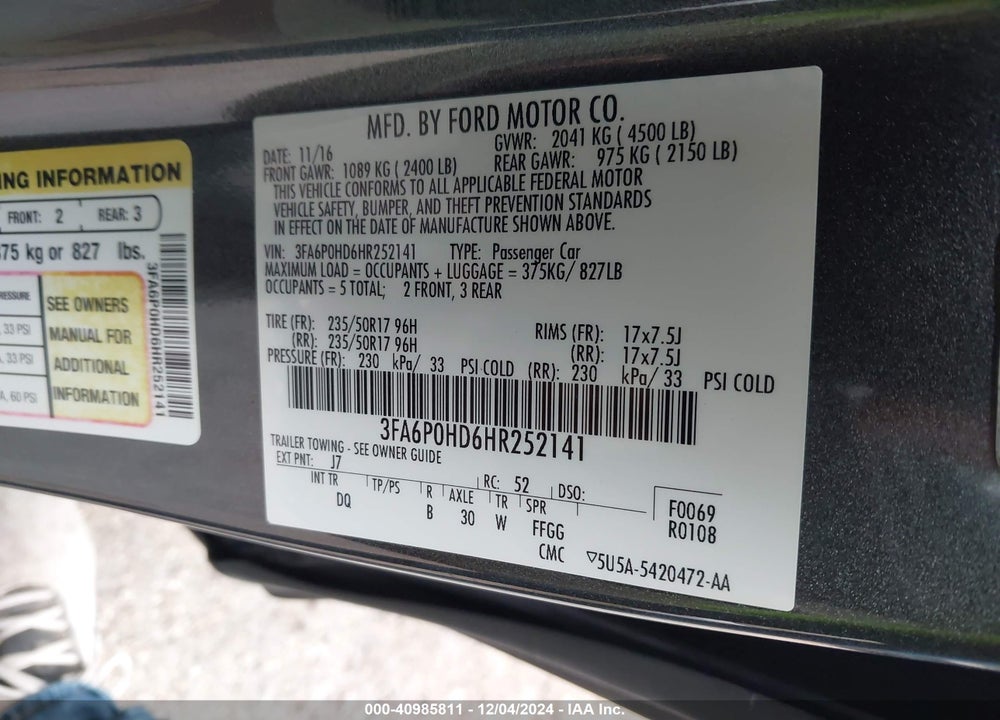 2017 FORD FUSION SE VIN: 3FA6P0HD6HR252141