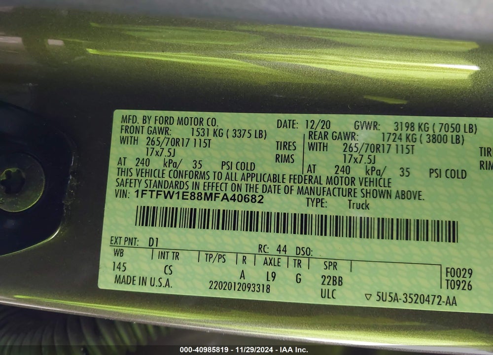 2021 FORD F-150 XL VIN: 1FTFW1E88MFA40682