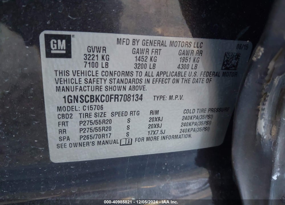 2015 CHEVROLET TAHOE LT VIN: 1GNSCBKC0FR708134