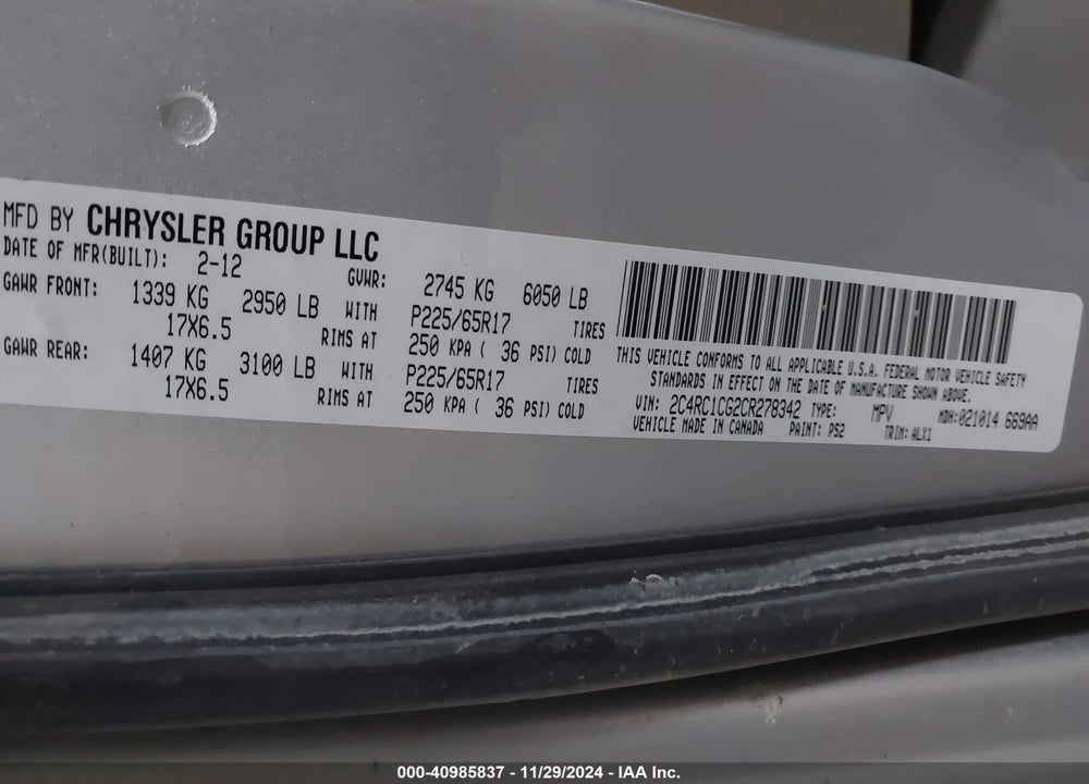 2012 CHRYSLER TOWN & COUNTRY TOURING-L VIN: 2C4RC1CG2CR278342