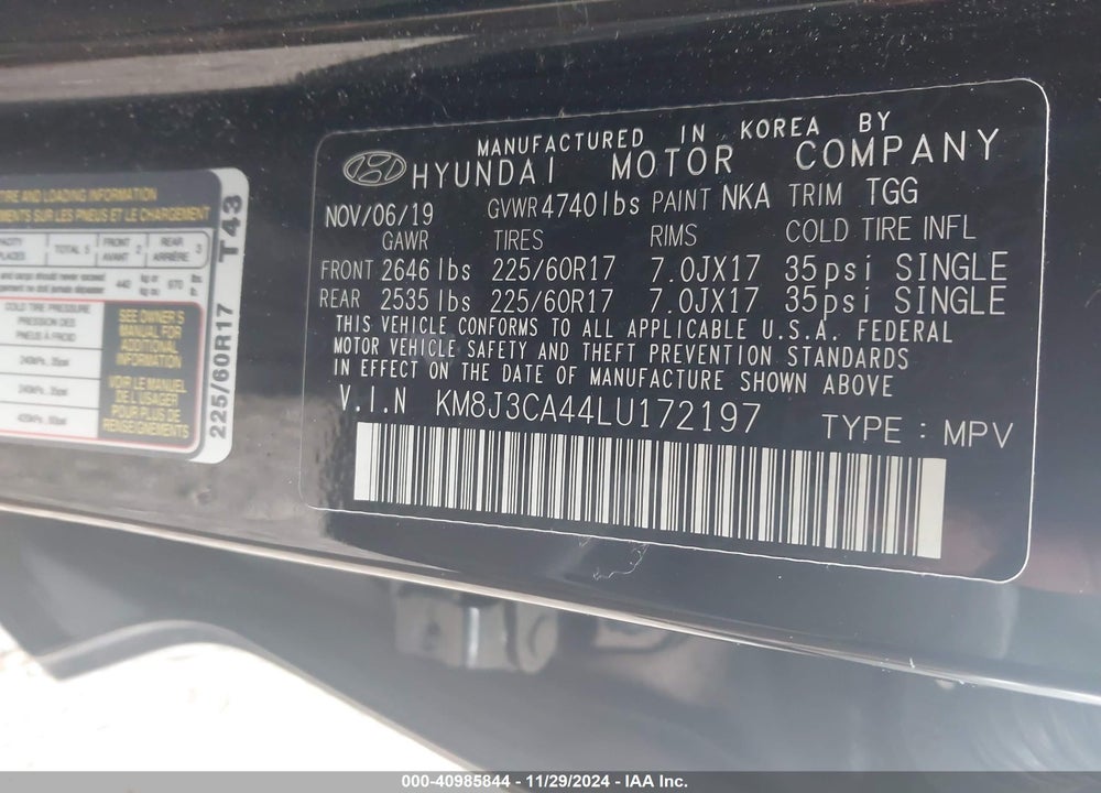 2020 HYUNDAI TUCSON VALUE VIN: KM8J3CA44LU172197