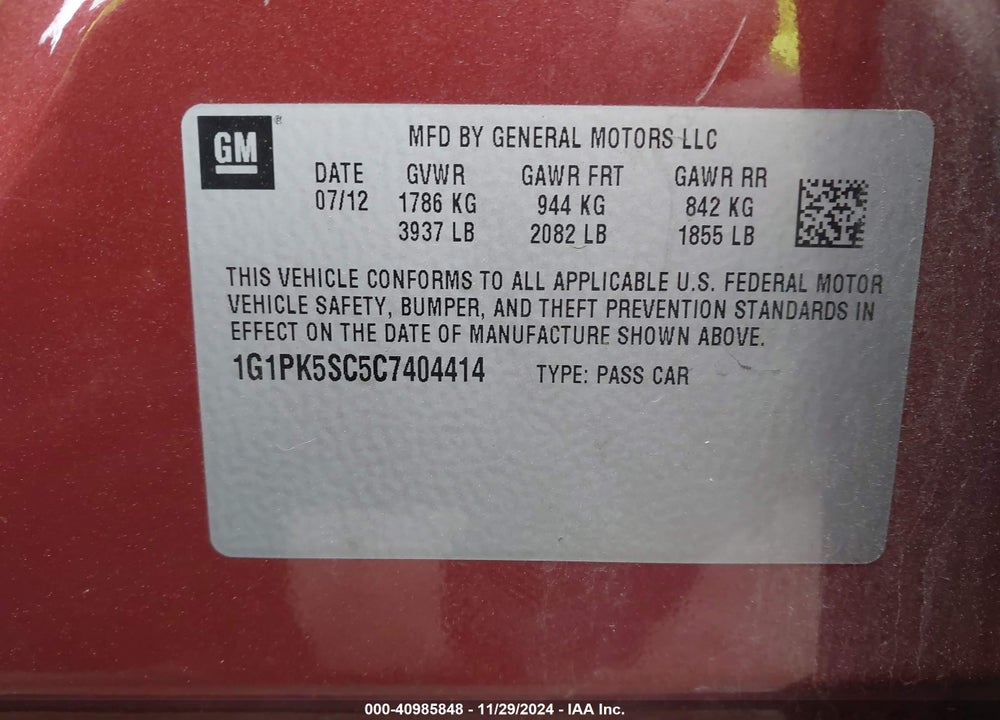 2012 CHEVROLET CRUZE ECO VIN: 1G1PK5SC5C7404414