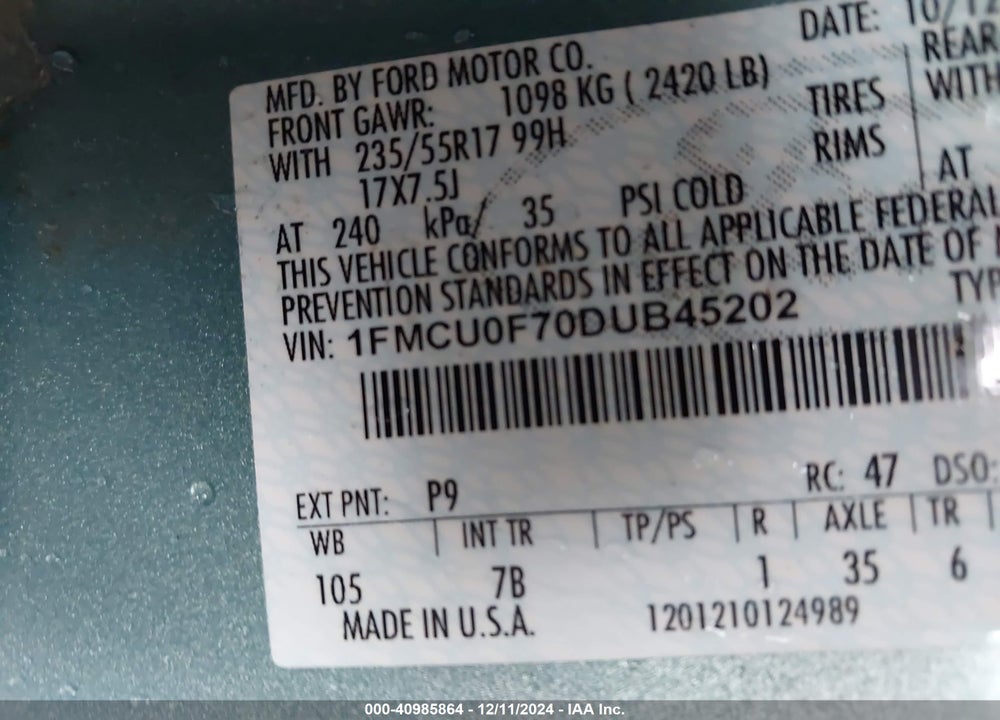 2013 FORD ESCAPE S VIN: 1FMCU0F70DUB45202