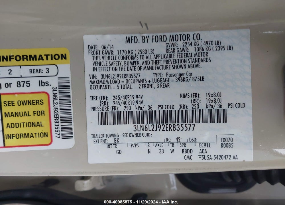 2014 LINCOLN MKZ VIN: 3LN6L2J92ER835577