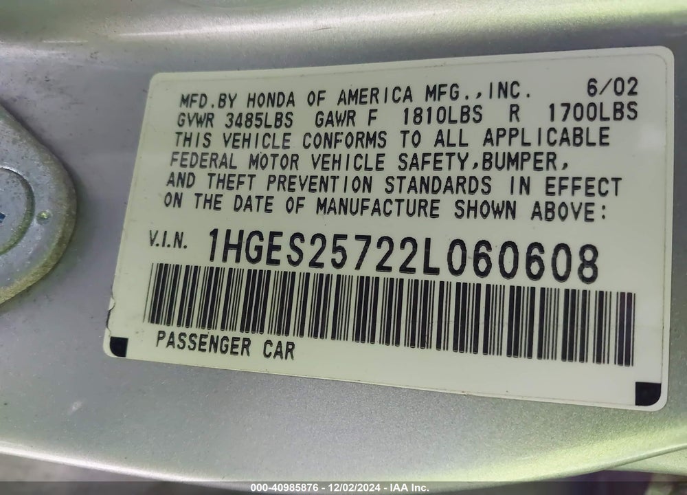 2002 HONDA CIVIC EX VIN: 1HGES25722L060608