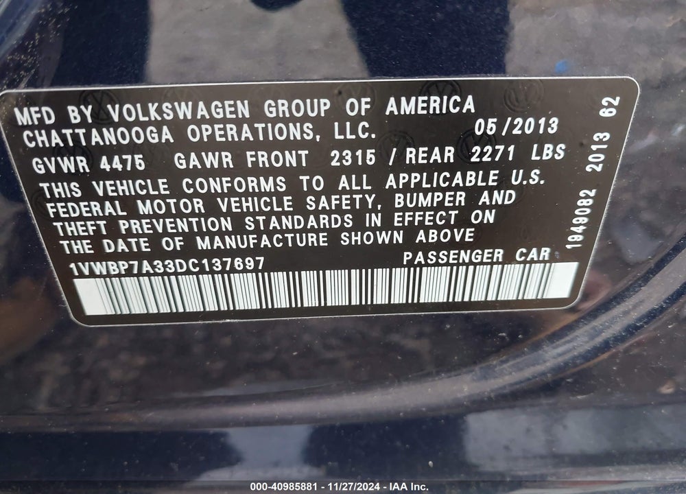 2013 VOLKSWAGEN PASSAT 2.5L SE VIN: 1VWBP7A33DC137697