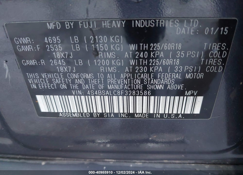 2015 SUBARU OUTBACK VIN: 4S4BSALC8F3283586