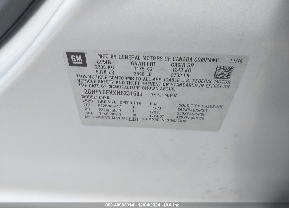 2017 CHEVROLET EQUINOX LT VIN: 2GNFLFEKXH6231609