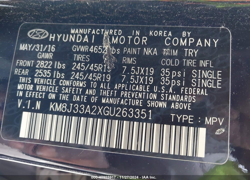 2016 HYUNDAI TUCSON LIMITED VIN: KM8J33A2XGU263351