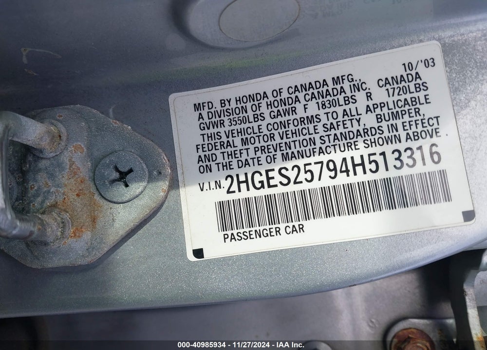2004 HONDA CIVIC EX VIN: 2HGES25794H513316
