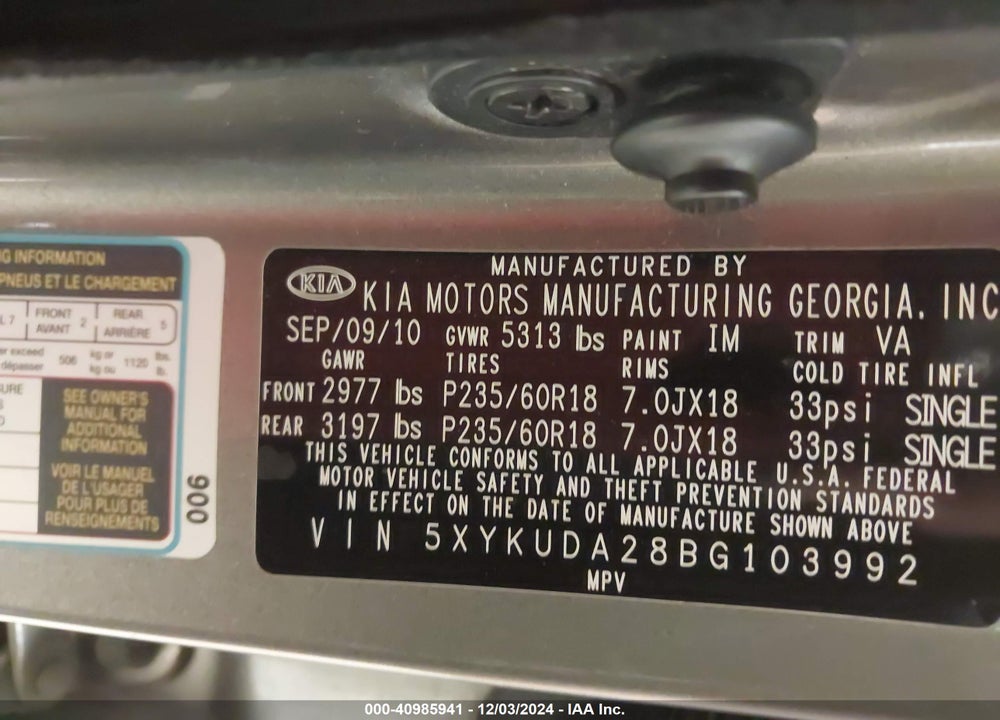 2011 KIA SORENTO EX V6 VIN: 5XYKUDA28BG103992