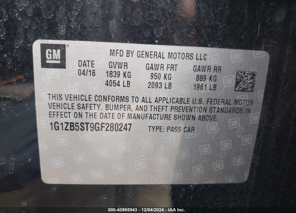 2016 CHEVROLET MALIBU LS VIN: 1G1ZB5ST9GF280247