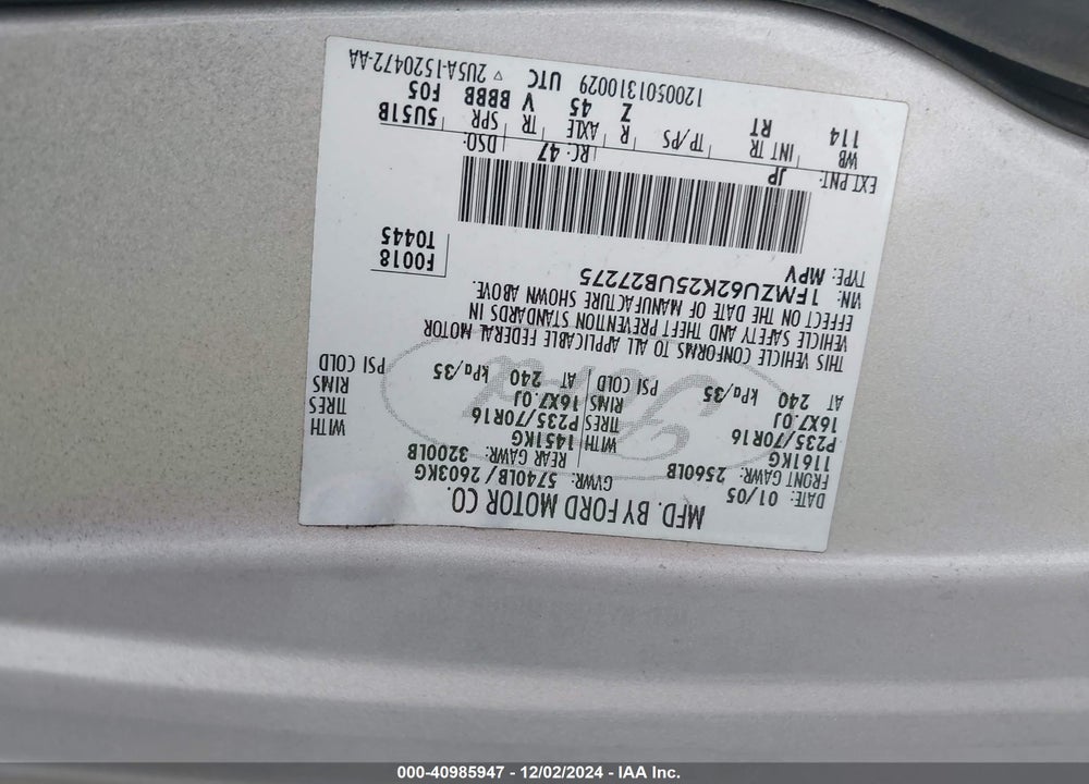 2005 FORD EXPLORER XLS/XLS SPORT VIN: 1FMZU62K25UB27275