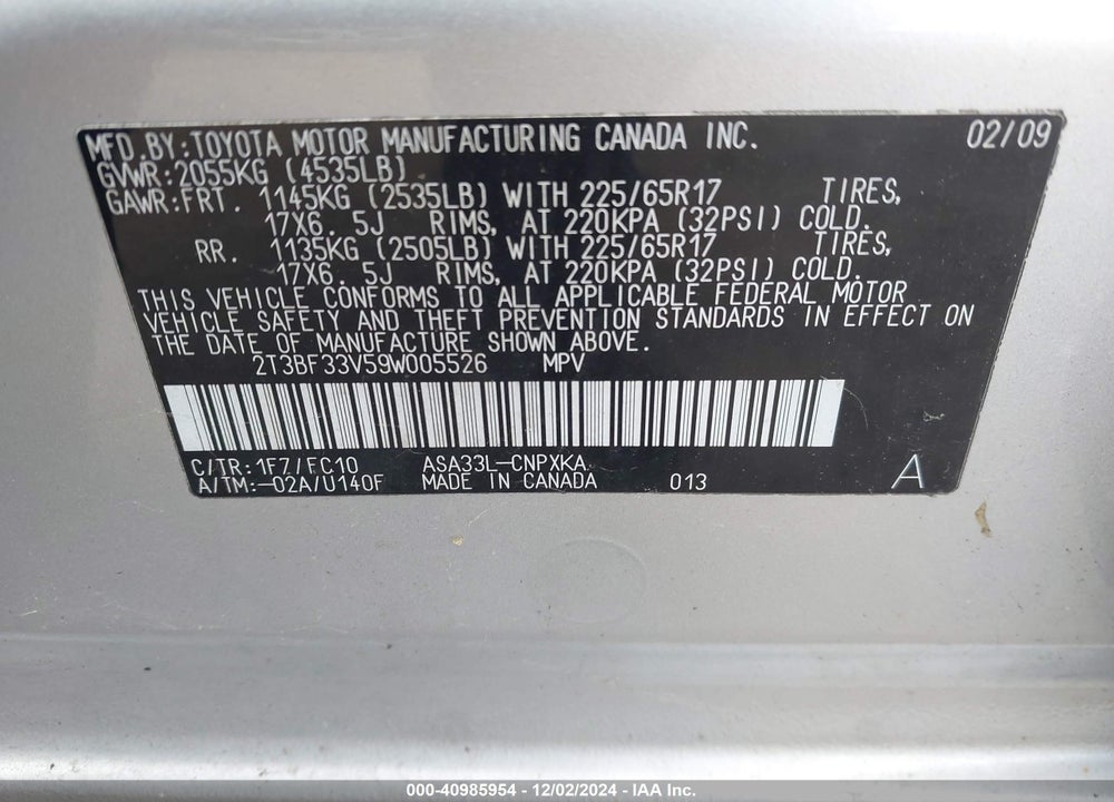 2009 TOYOTA RAV4 VIN: 2T3BF33V59W005526