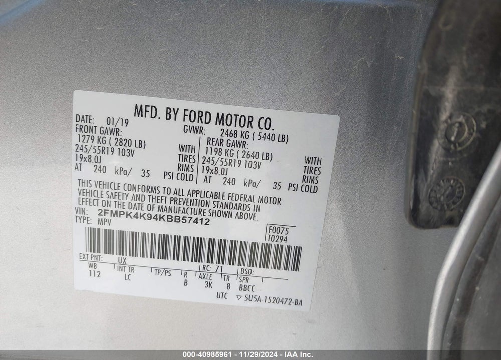 2019 FORD EDGE TITANIUM VIN: 2FMPK4K94KBB57412