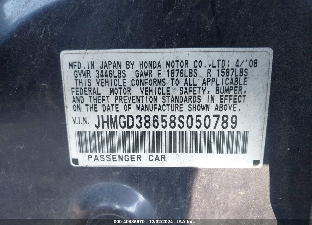 2008 HONDA FIT SPORT VIN: JHMGD38658S050789