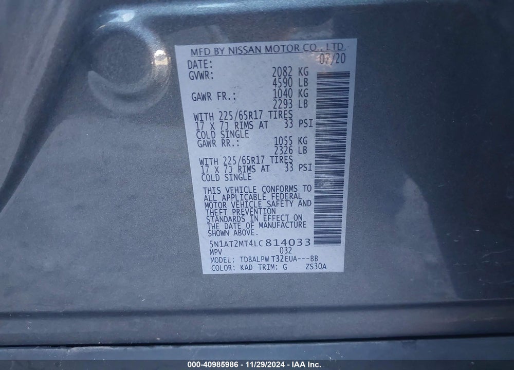2020 NISSAN ROGUE S FWD VIN: 5N1AT2MT4LC814033