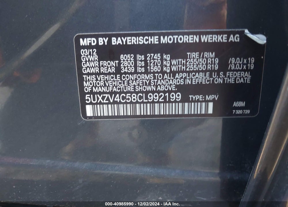 2012 BMW X5 VIN: 5UXZV4C58CL992199