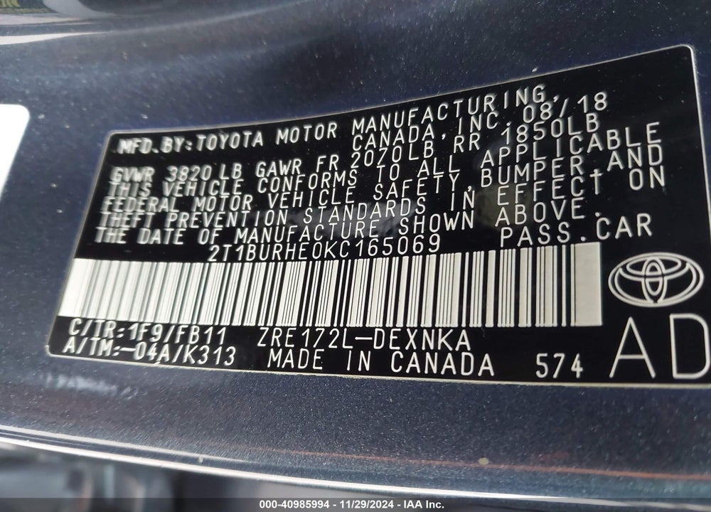 2019 TOYOTA COROLLA VIN: 2T1BURHE0KC165069