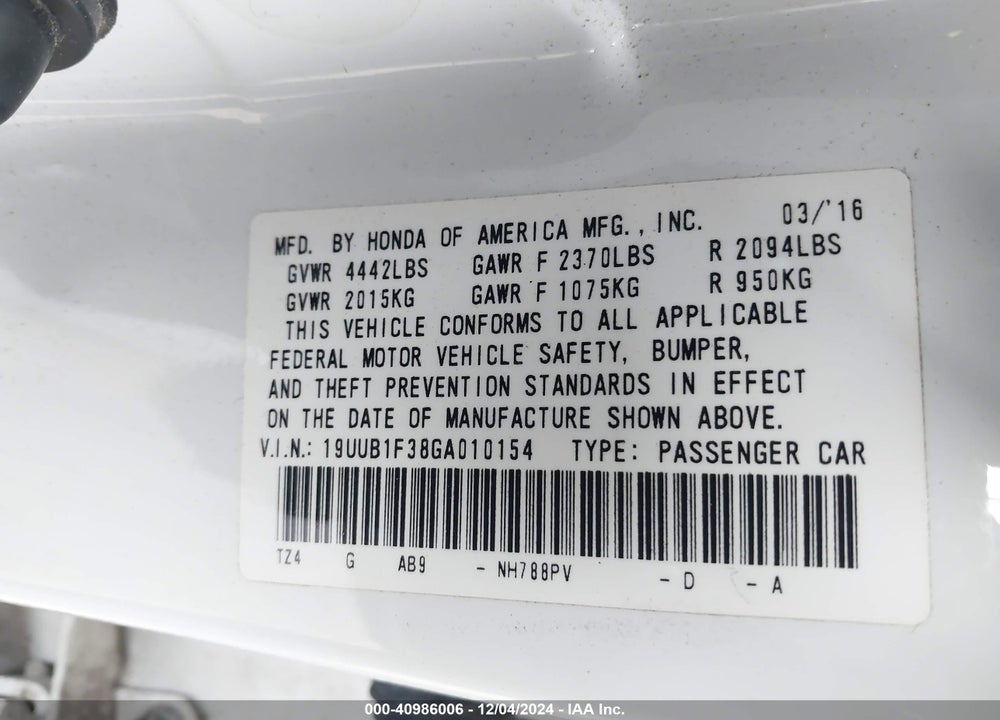 2016 ACURA TLX VIN: 19UUB1F38GA010154