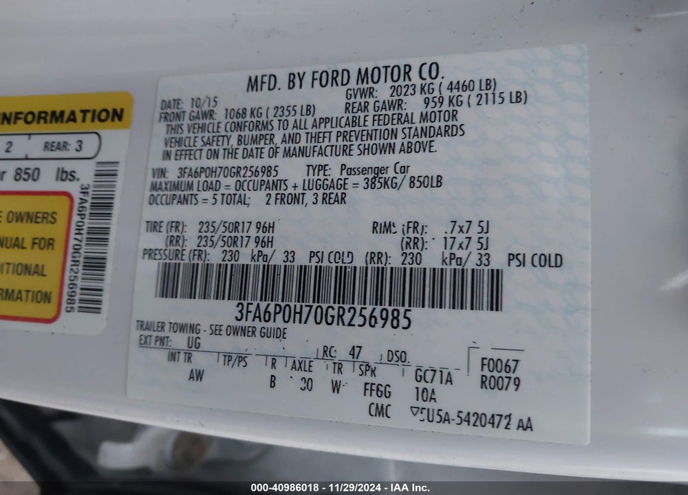 2016 FORD FUSION SE VIN: 3FA6P0H70GR256985
