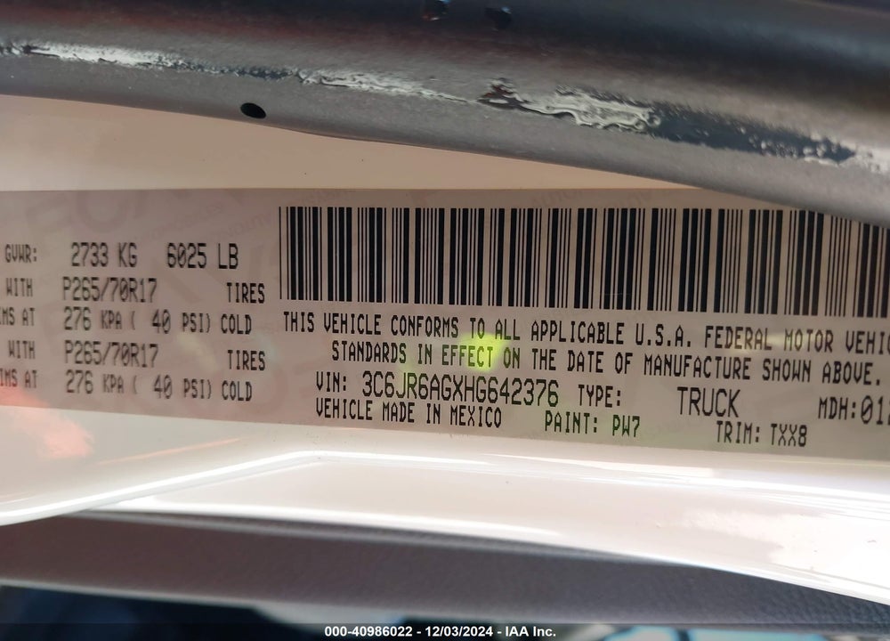 2017 RAM 1500 TRADESMAN 4X2 6'4 BOX VIN: 3C6JR6AGXHG642376