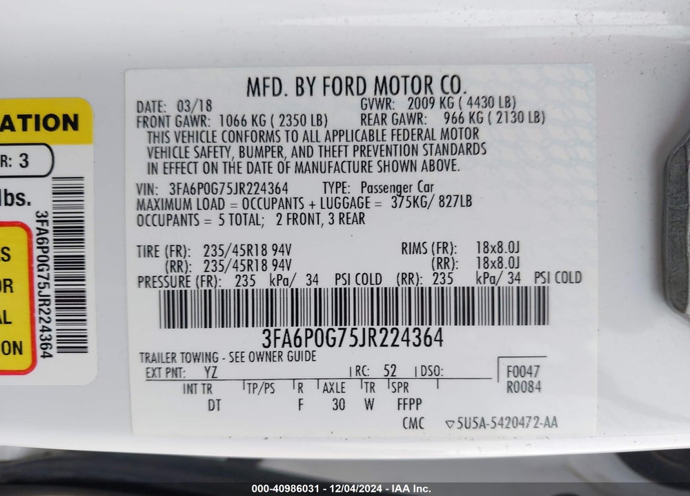 2018 FORD FUSION S VIN: 3FA6P0G75JR224364