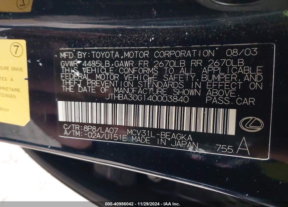 2004 LEXUS ES 330 VIN: JTHBA30G140003840