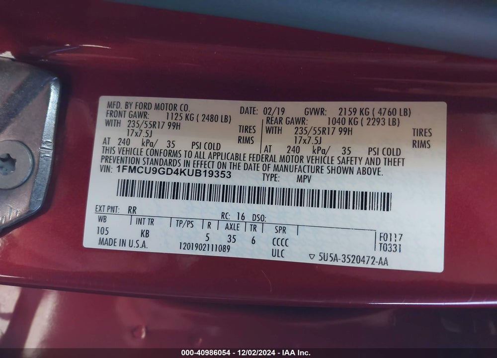 2019 FORD ESCAPE SE VIN: 1FMCU9GD4KUB19353