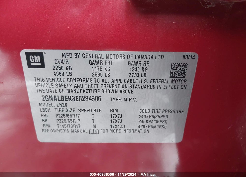 2014 CHEVROLET EQUINOX 1LT VIN: 2GNALBEK3E6284506