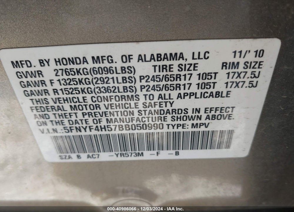 2011 HONDA PILOT EX-L VIN: 5FNYF4H57BB050990