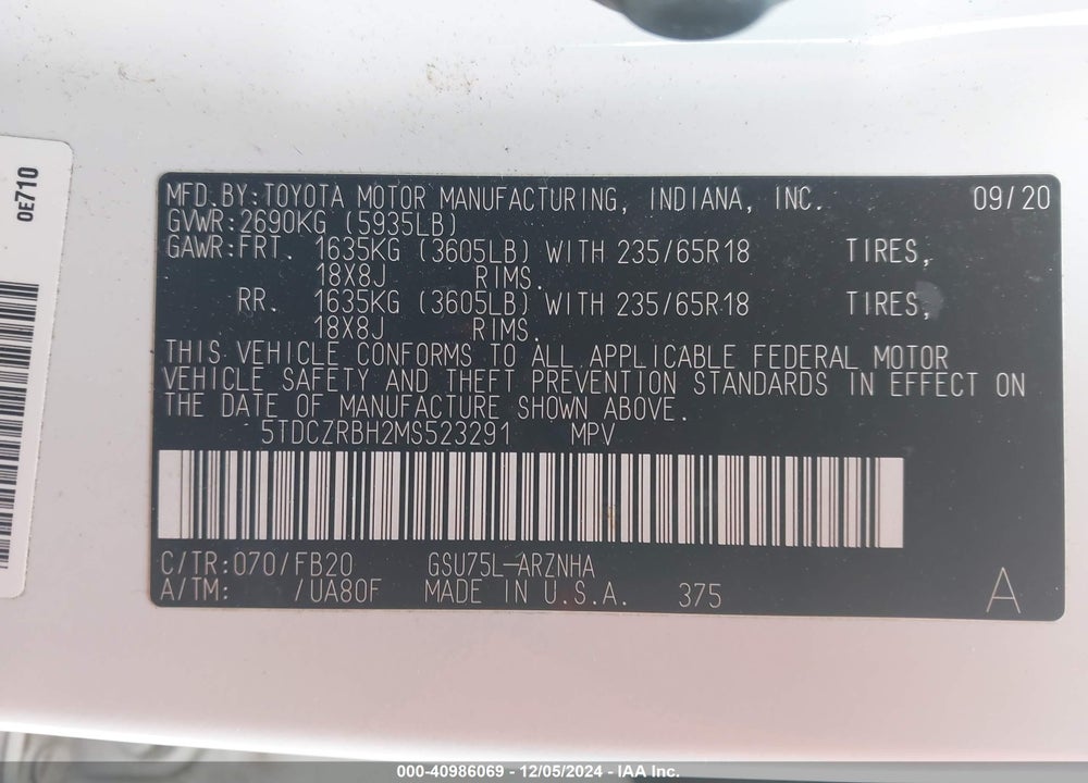 2021 TOYOTA HIGHLANDER L VIN: 5TDCZRBH2MS523291