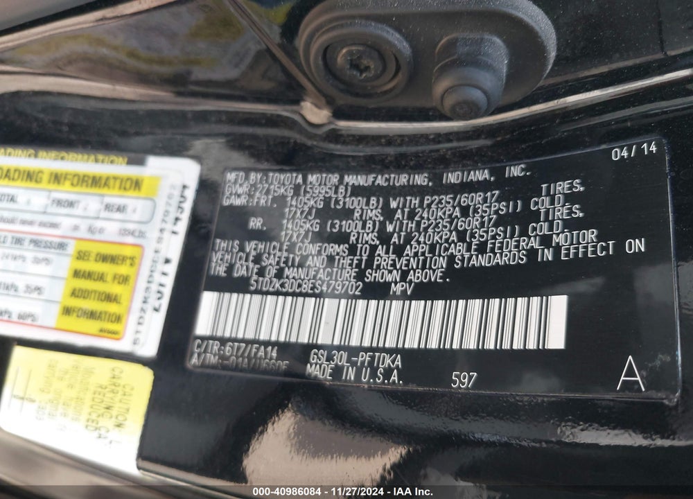 2014 TOYOTA SIENNA L VIN: 5TDZK3DC8ES479702