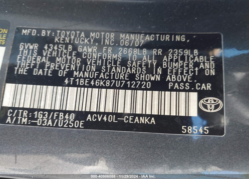 2007 TOYOTA CAMRY LE VIN: 4T1BE46K87U712720