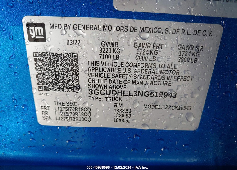 2022 CHEVROLET SILVERADO VIN: 3GCUDHEL3NG519943